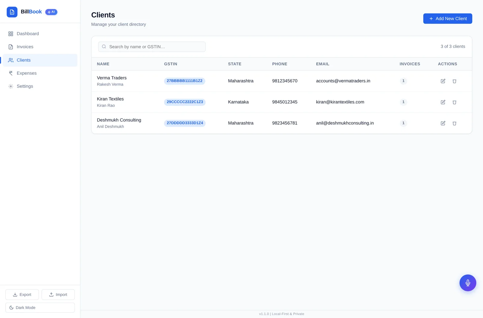BillBook client master listing business names, GSTINs and addresses