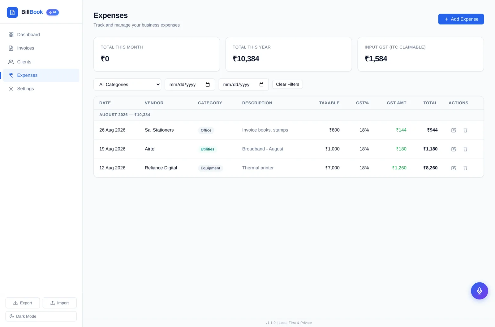 BillBook expenses list grouped by month with categories, taxable values and claimable input GST
